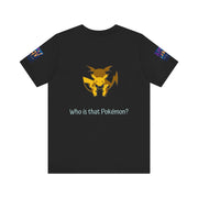 Black t-shirt with a yellow and orange graphic of a Pokémon on the chest and 'Who is that Pokémon?' text on a white background.