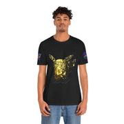 Person wearing a black t-shirt with a graphic design on a white background