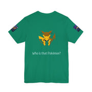 Kelly t-shirt with a yellow and brown graphic and text 'Who is that Pokémon?' on a white background
