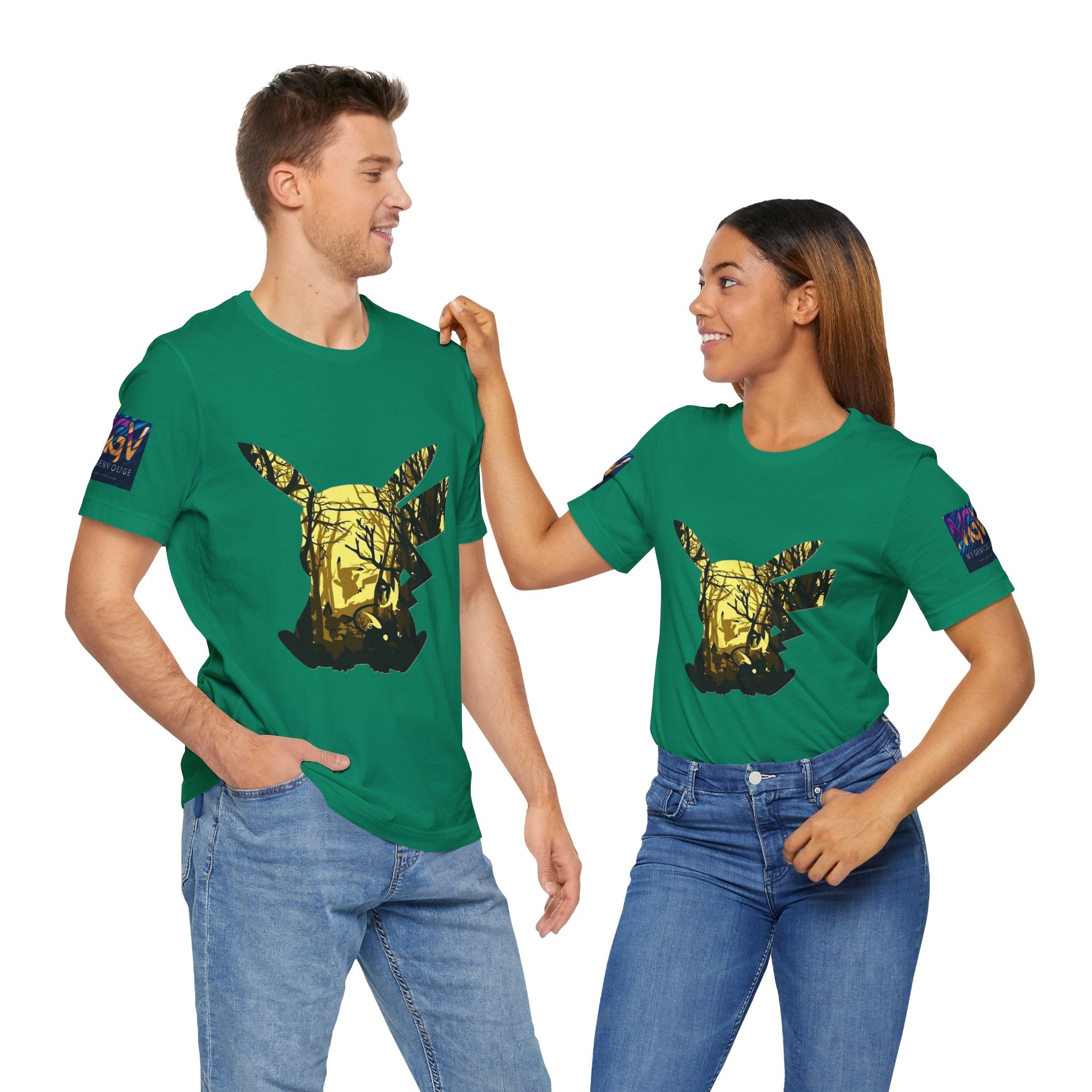 Two people wearing green t-shirts with a gold graphic design on a white background