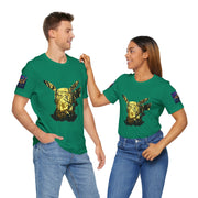 Two people wearing green t-shirts with a gold graphic design on a white background