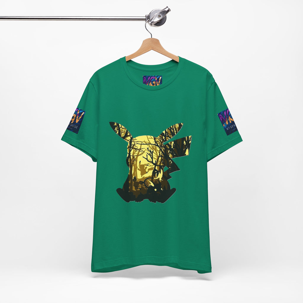 Kelly Hanger t-shirt with gold and black graphic design on a hanger against a white background