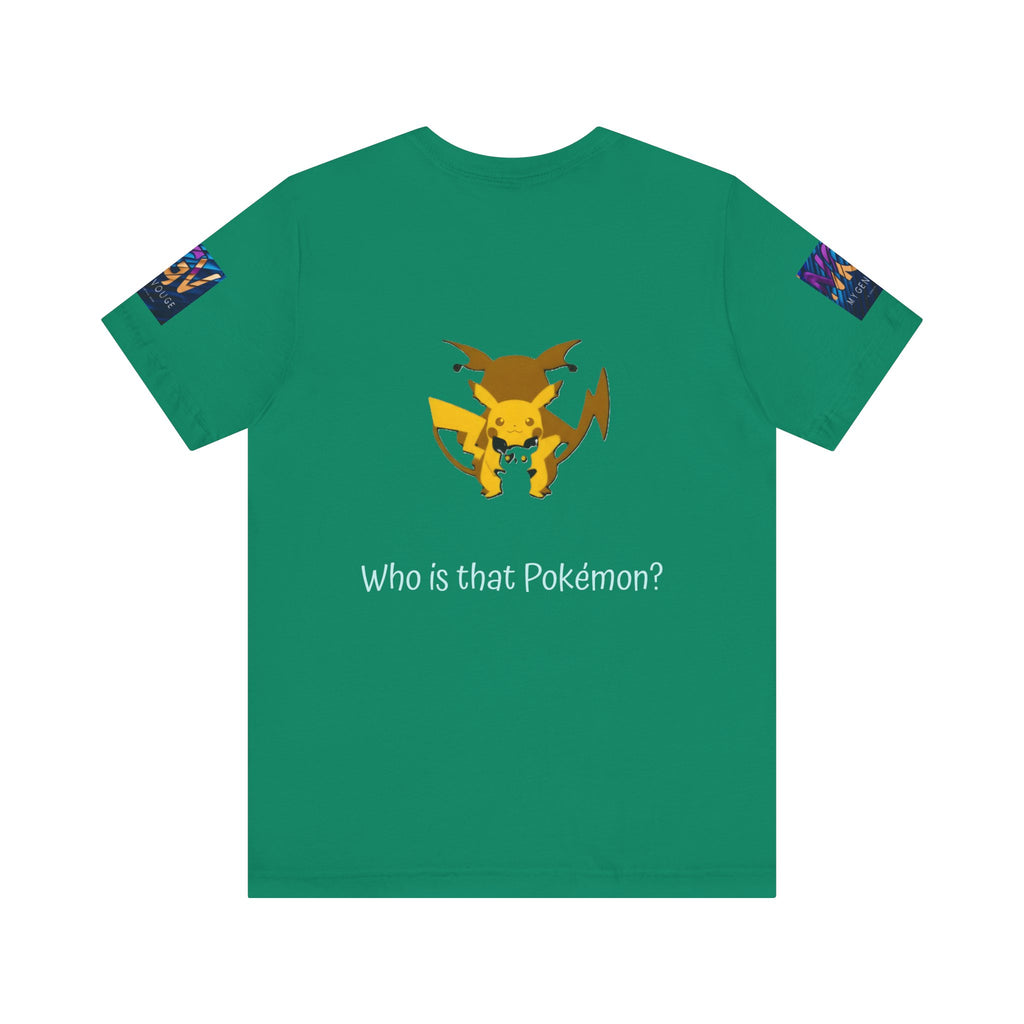 Kelly Back t-shirt with a cartoon character and 'Who is that Pokemon?' text on a white background