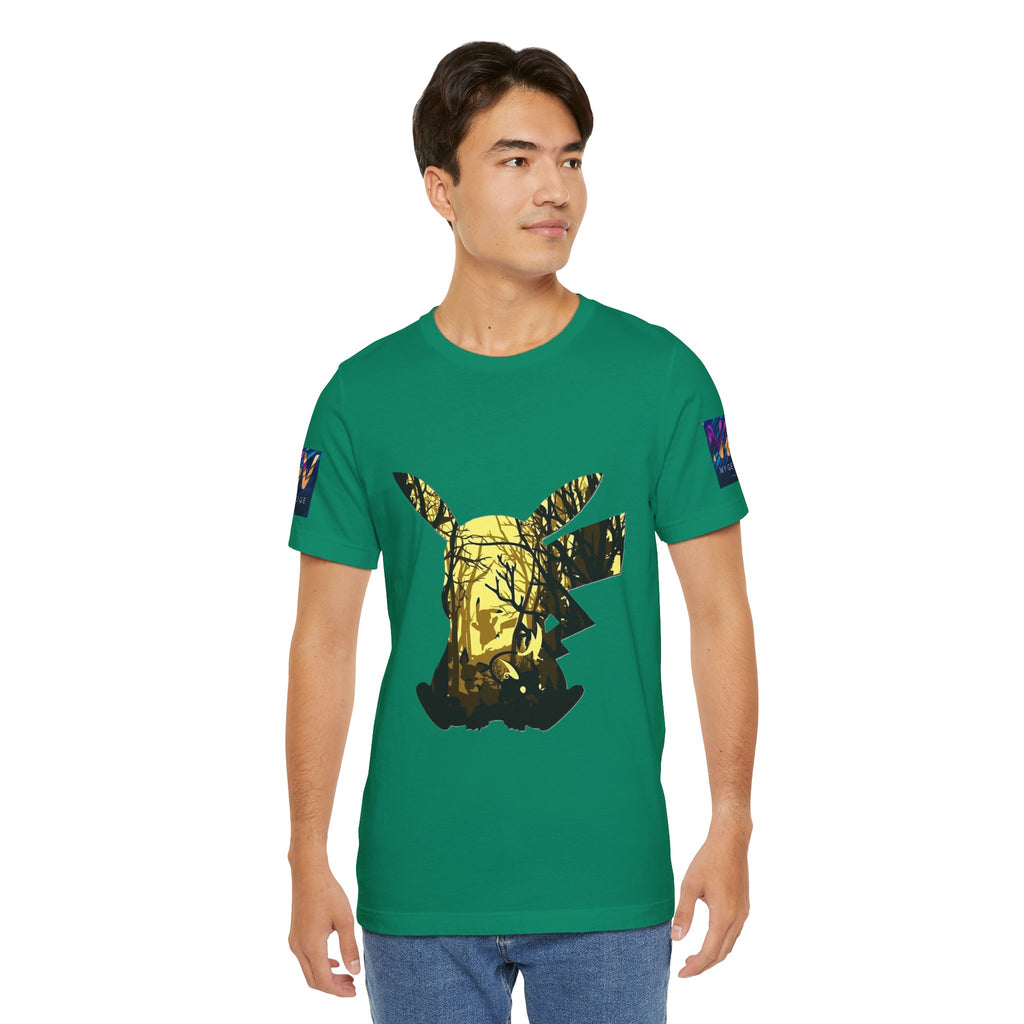 Man wearing a green t-shirt with a graphic design on a white background