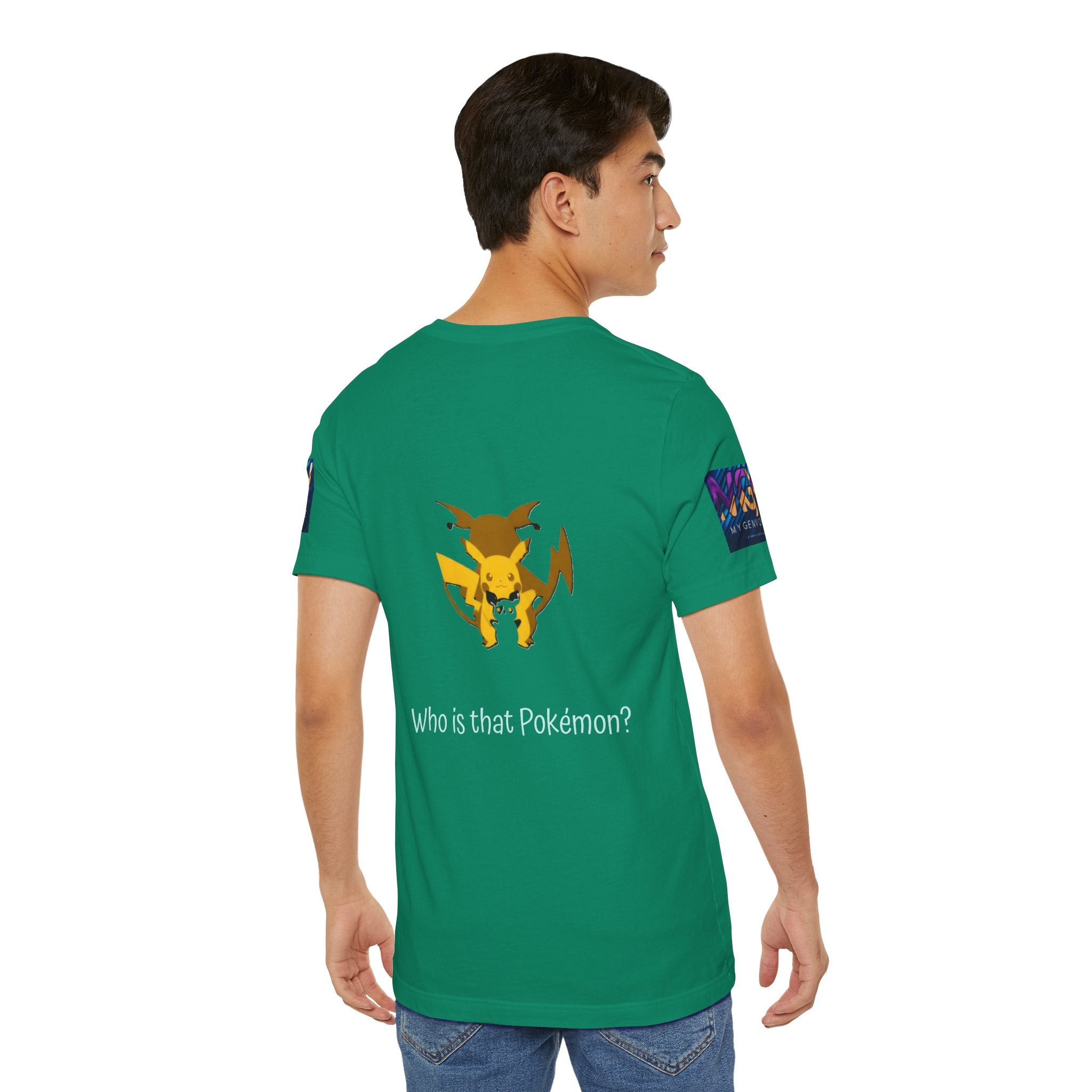 Green t-shirt with a cartoon character and text on the back, worn by a person.
