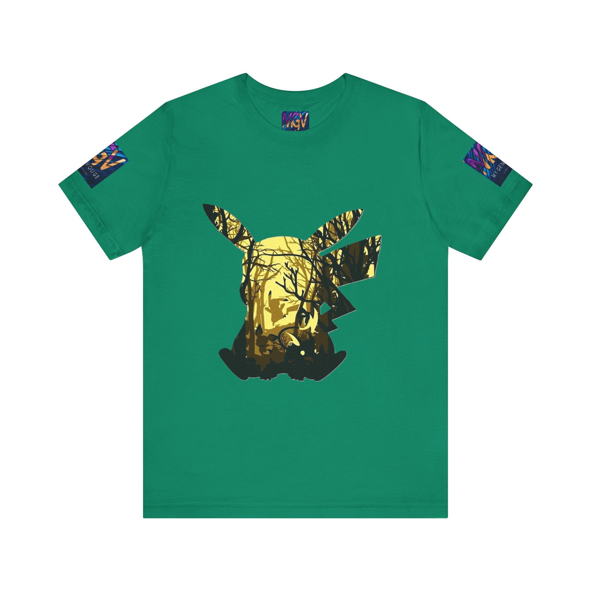 Green t-shirt with a Kelly color  with Yellow and Black graphic design on a white background
