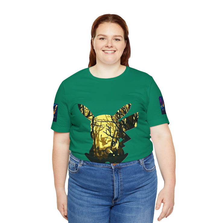 Person wearing a Kelly t-shirt with a gold deer design on a white background