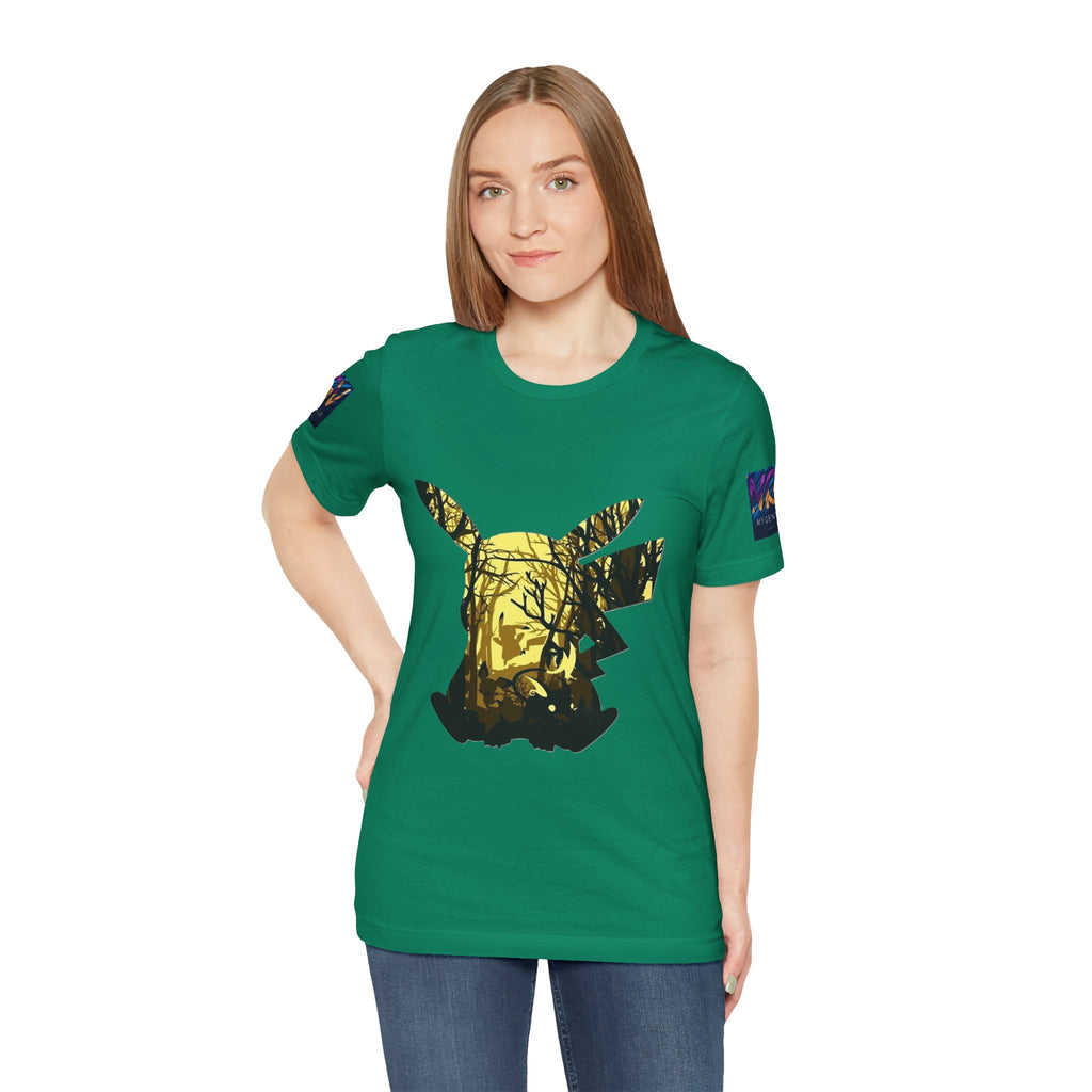 Woman wearing a Kelly t-shirt with a gold and black design on a white background