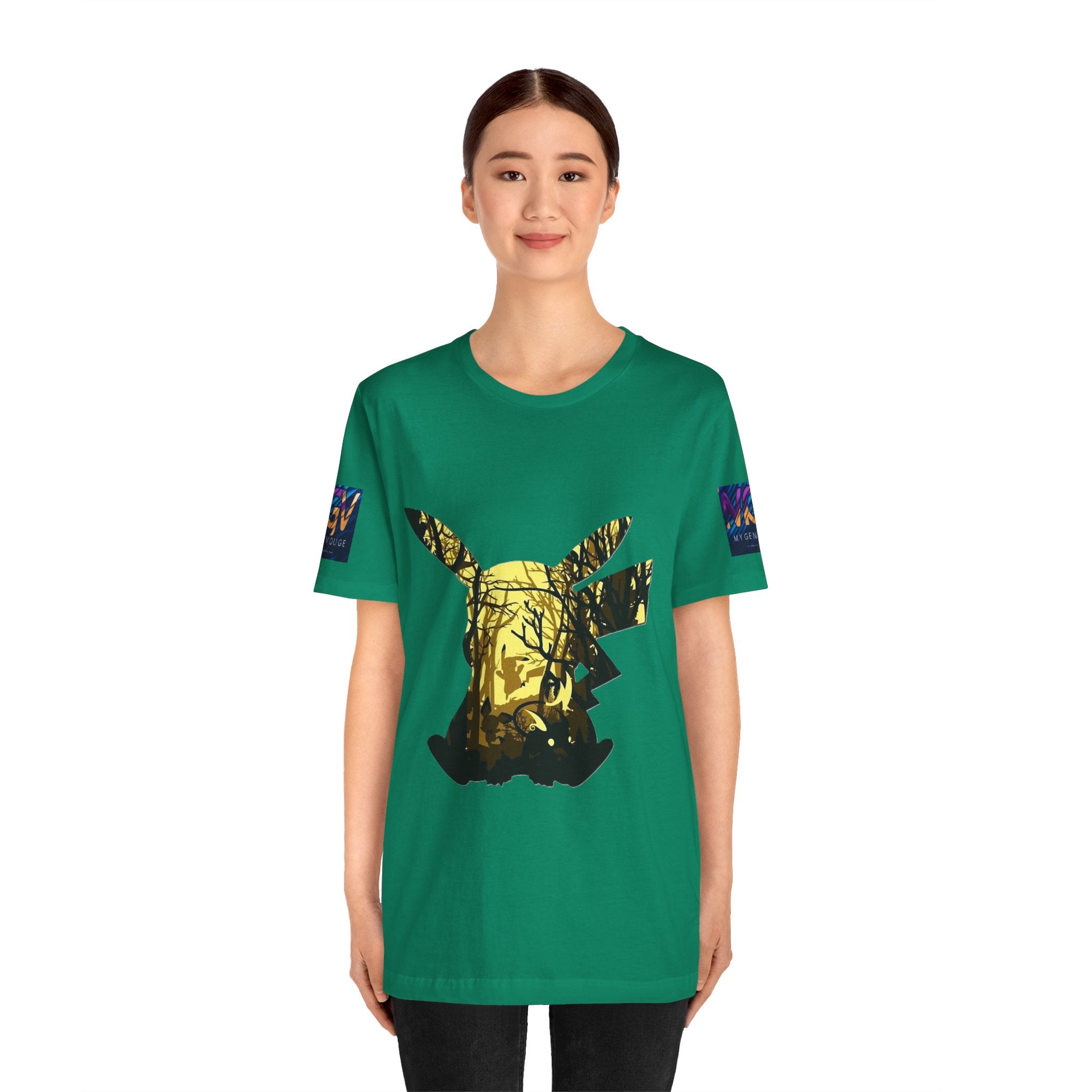 Person wearing a Kelly t-shirt with a gold and black graphic design on a white background