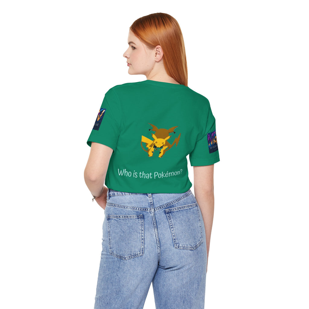 Person wearing a Kelly t-shirt with a Pokémon design and text on a white background
