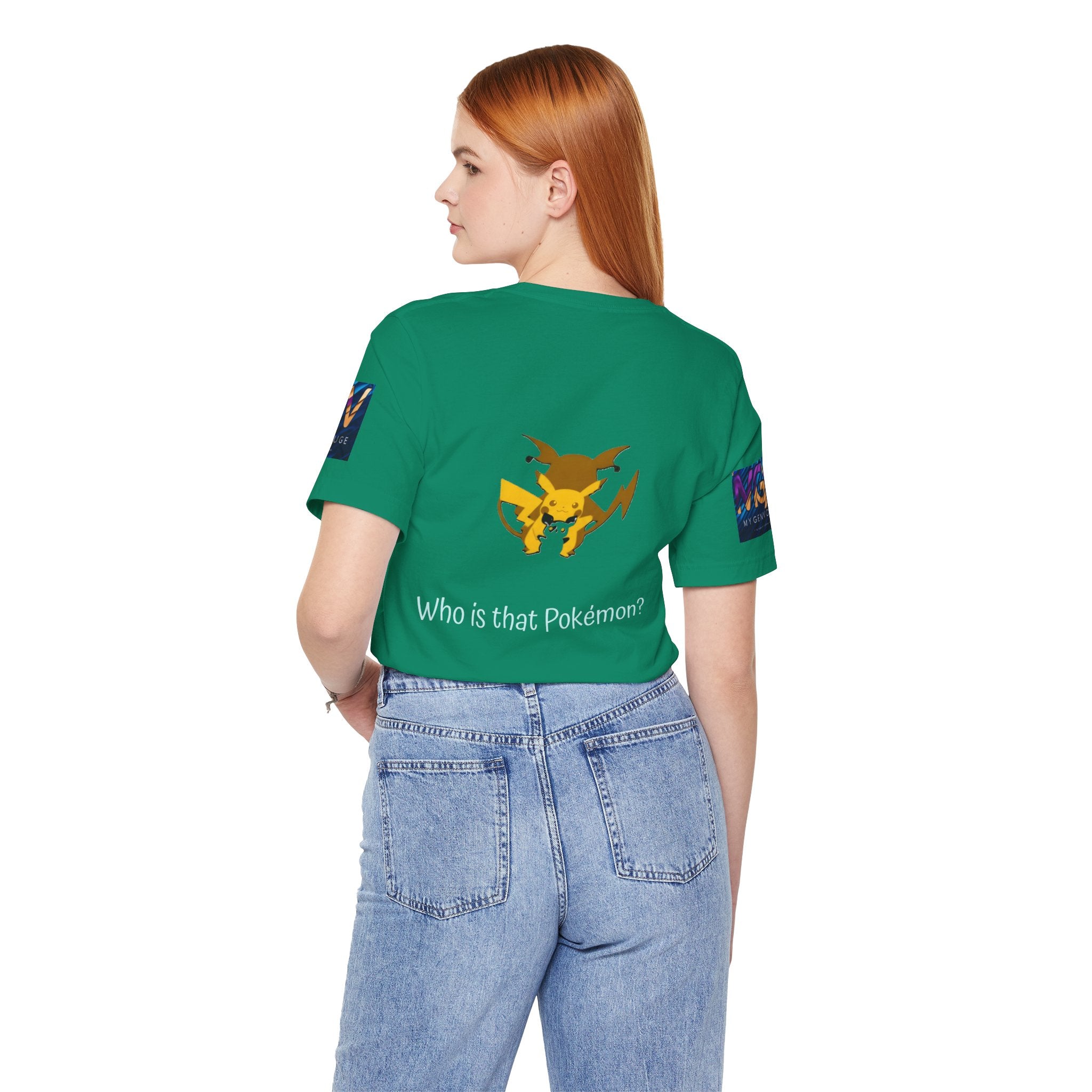 Person wearing a Kelly t-shirt with a Pokémon design and text on a white background