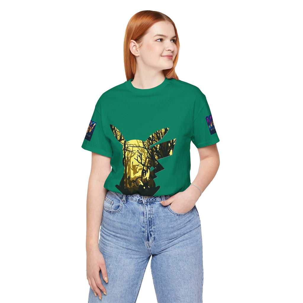 Person wearing a Kelly t-shirt with a graphic design on a white background
