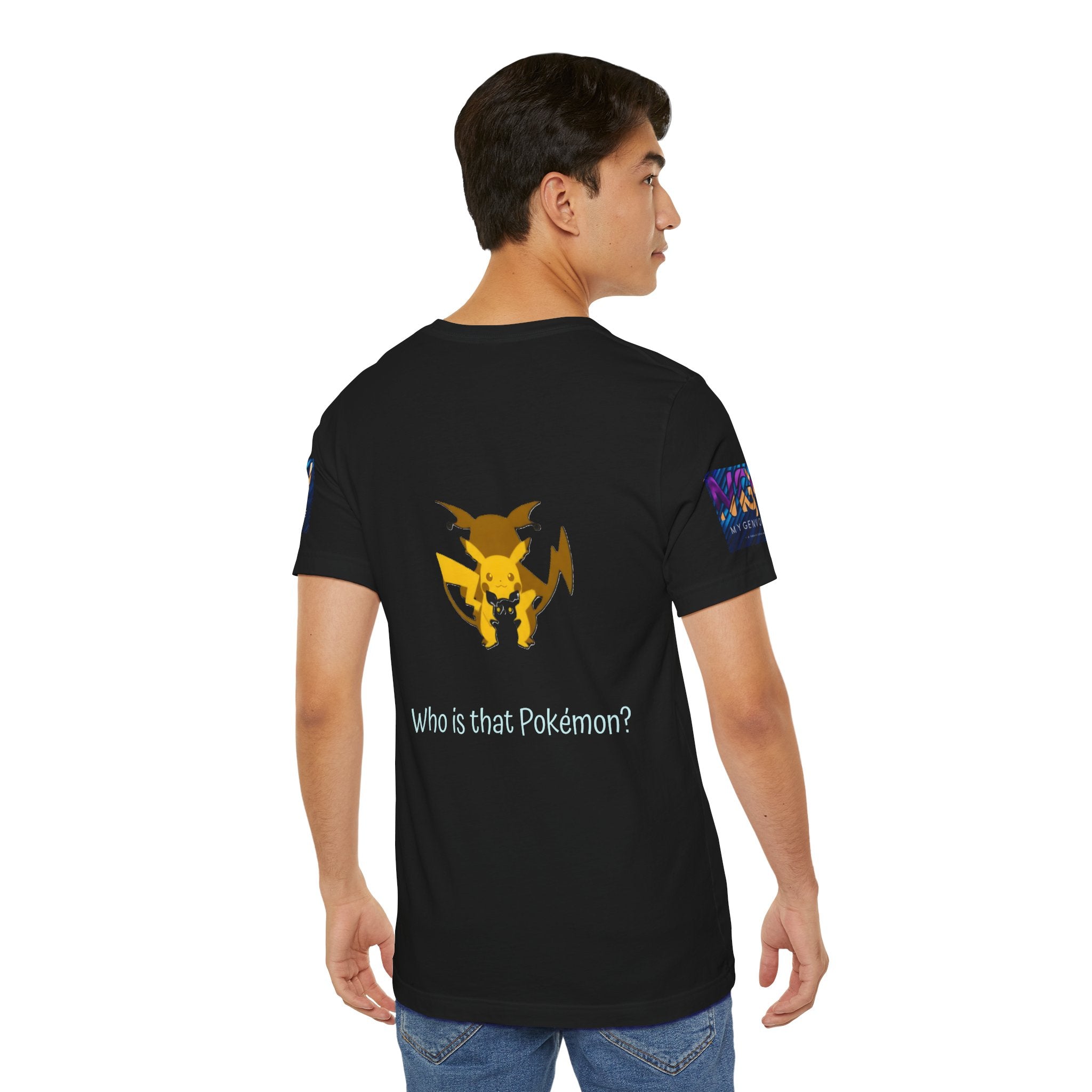 Person wearing a black t-shirt with a graphic and text 'Who is that Pokémon?' on a white background