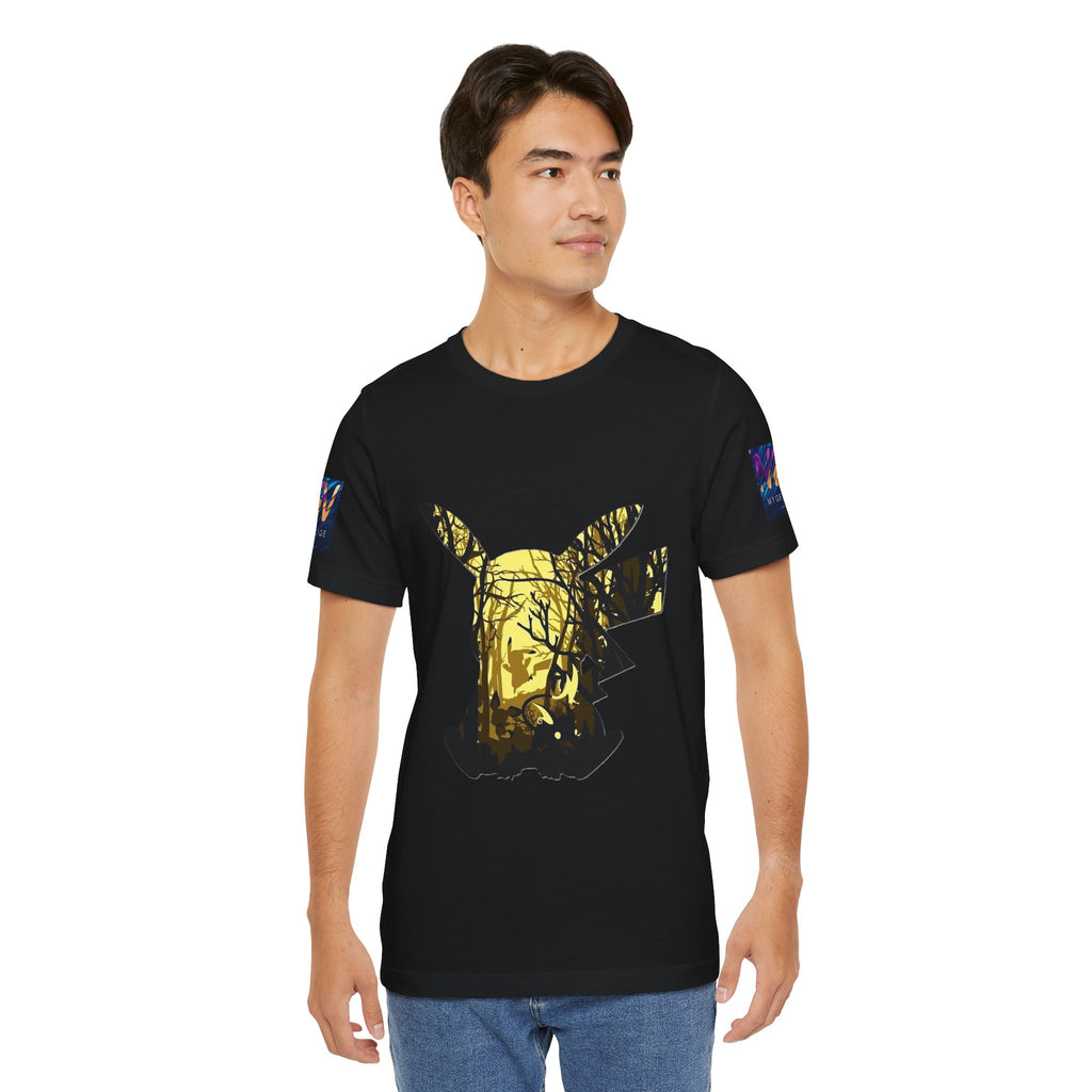 Man wearing a black t-shirt with a gold graphic design on a white background