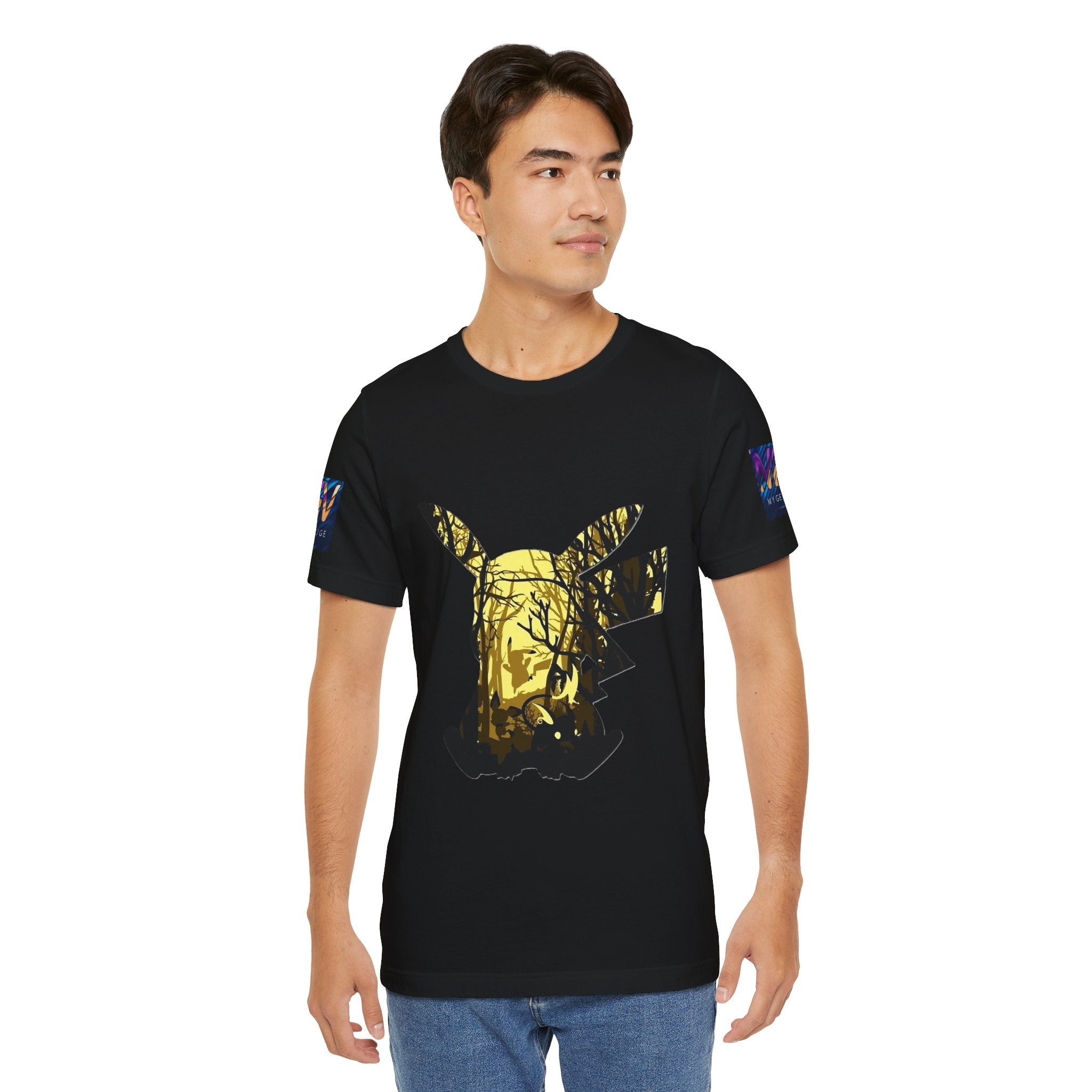 Man wearing a black t-shirt with a gold graphic design on a white background