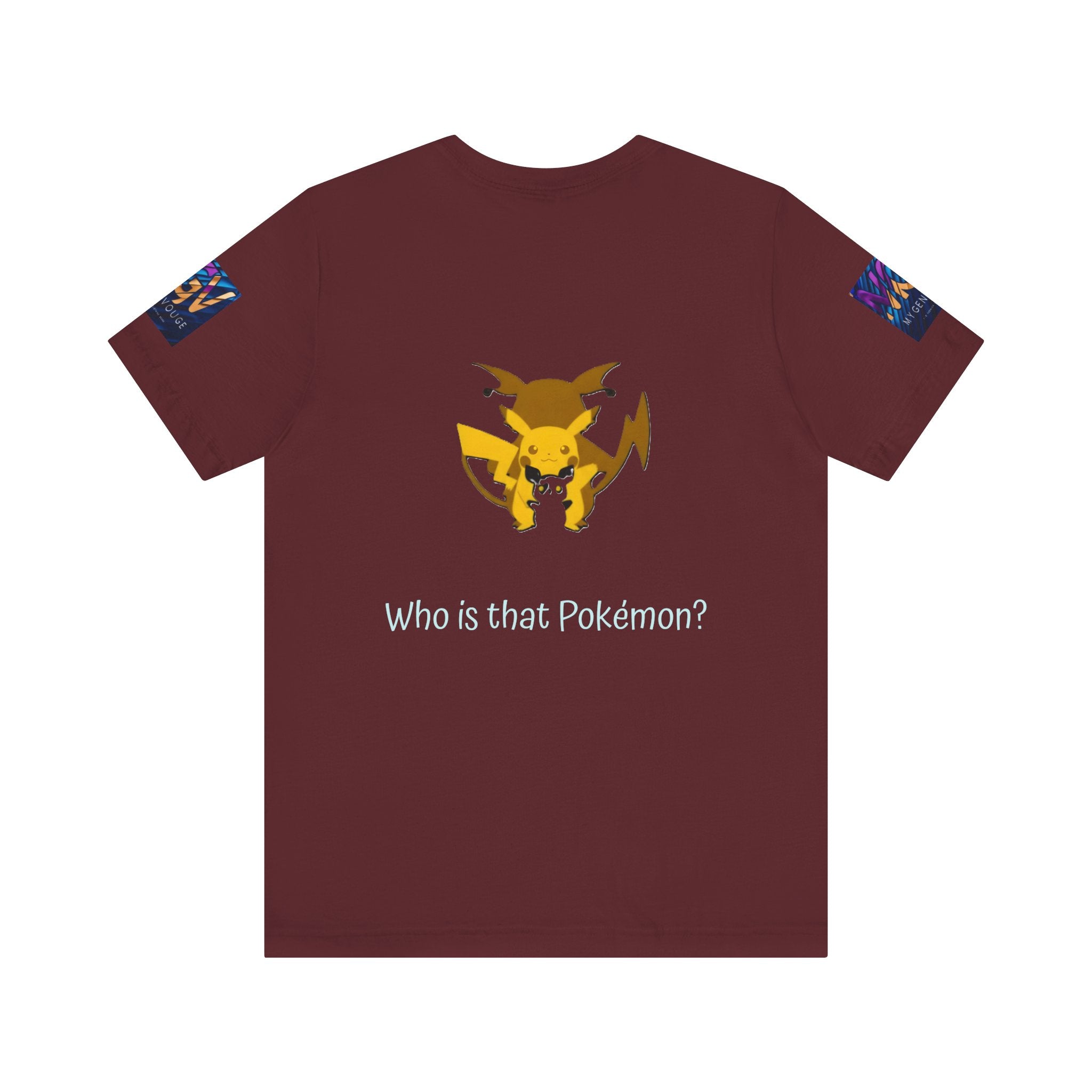 Maroon t-shirt with a yellow and red graphic and 'Who is that Pokémon?' text on a white background