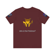 Maroon t-shirt with a yellow and red graphic and 'Who is that Pokémon?' text on a white background