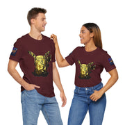 Two people wearing matching maroon t-shirts with a graphic design on a white background
