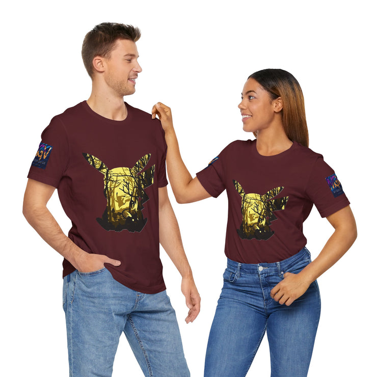 Two people wearing matching maroon t-shirts with a graphic design on a white background