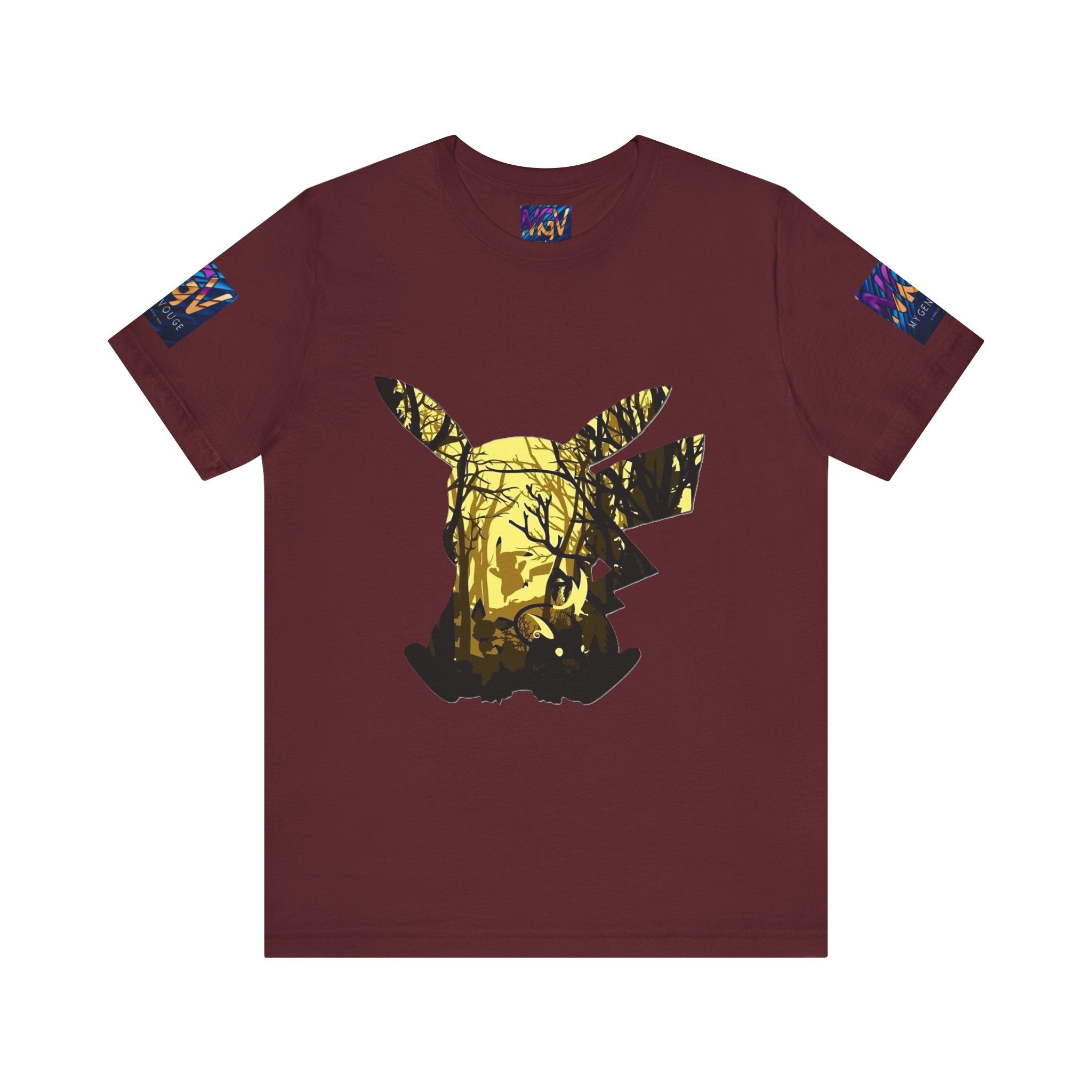 Maroon t-shirt with a graphic design on a white background