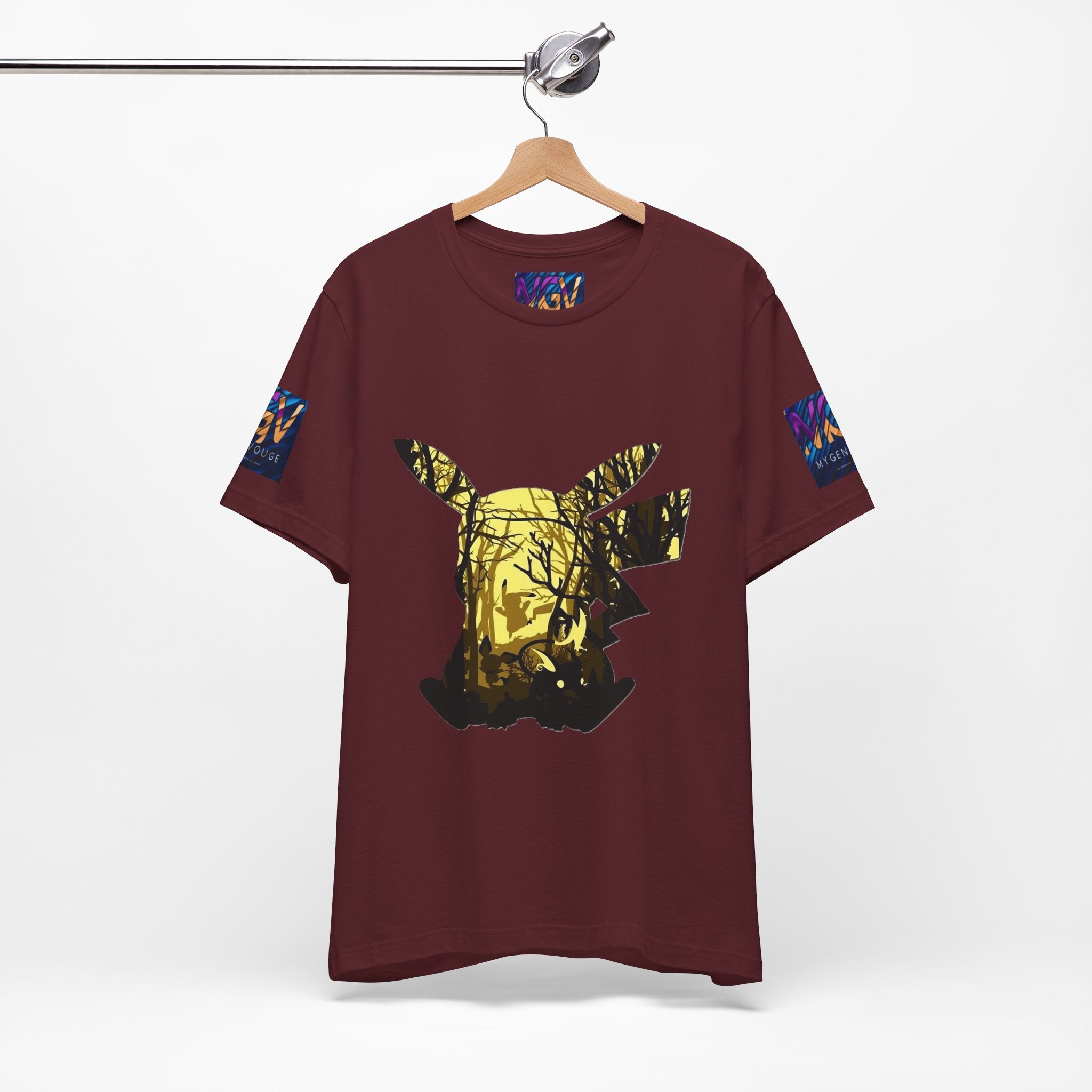 Maroon Hanger  t-shirt with graphic design on a hanger against a white background