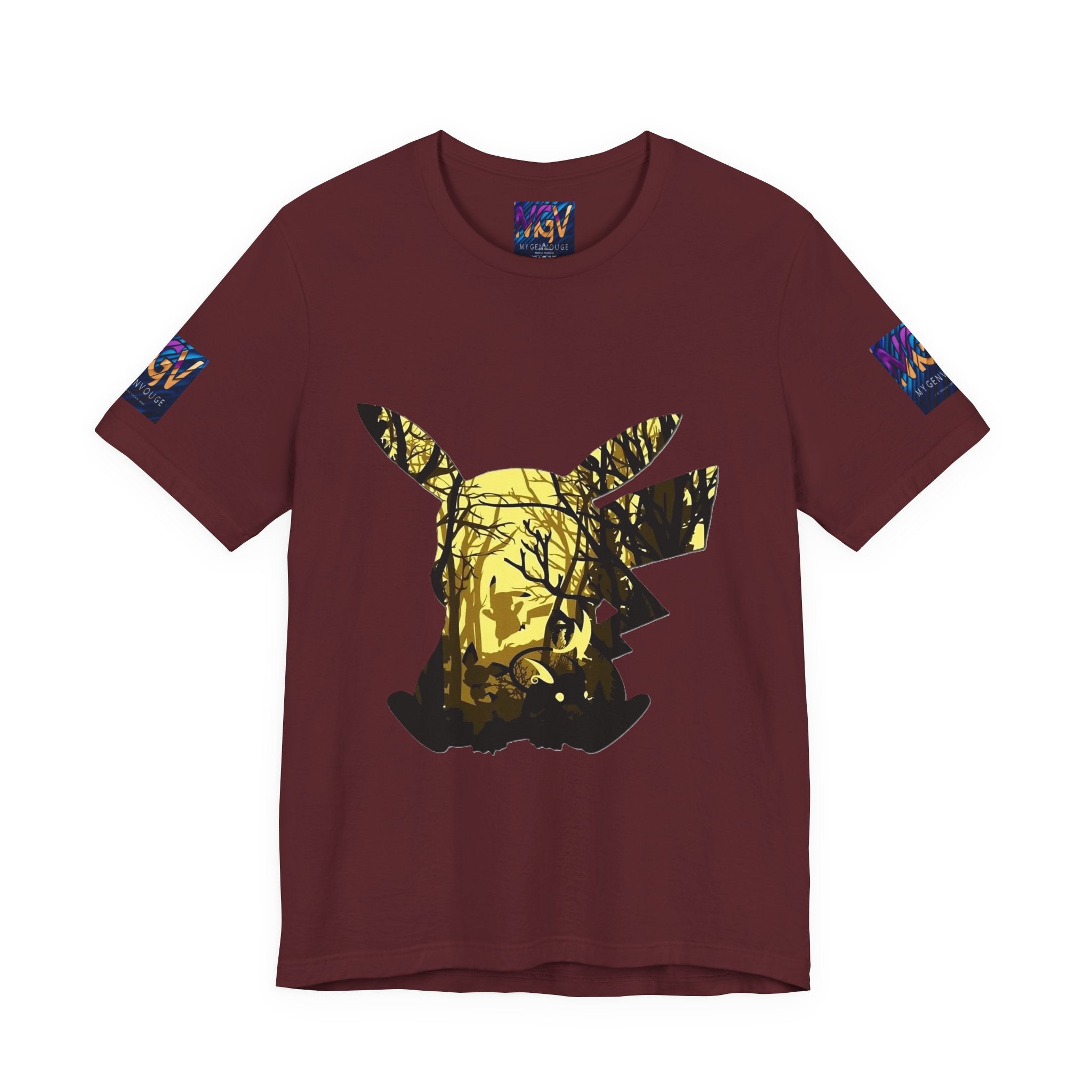 Maroon t-shirt with a graphic design on a white background