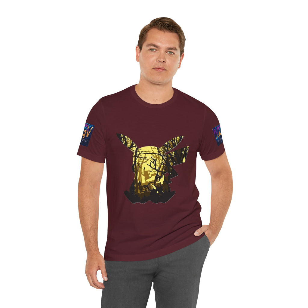 Man wearing a maroon t-shirt with a graphic design on a white background