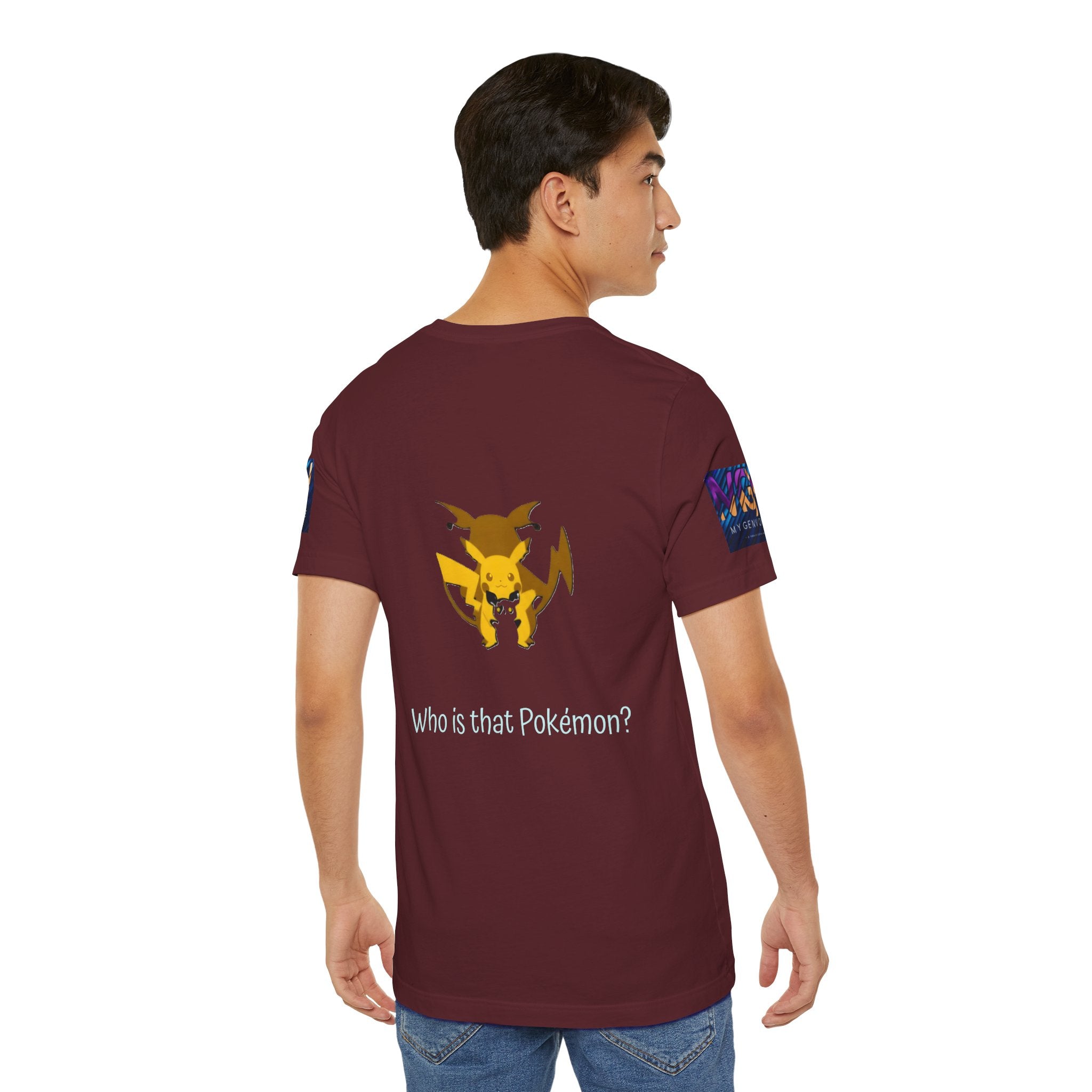 Man wearing a maroon t-shirt with a graphic and text 'Who is that Pokémon?' on the back, against a white background.