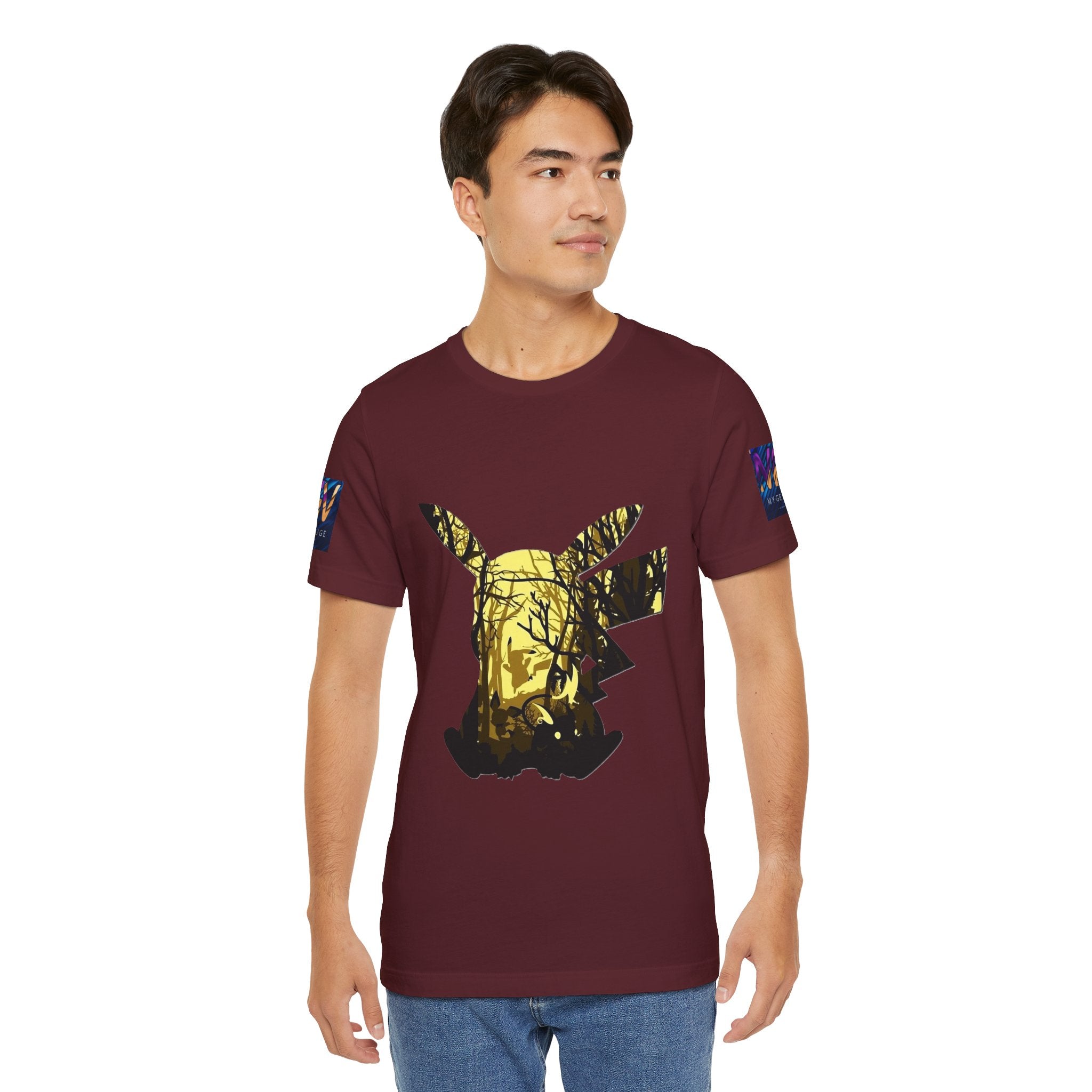 Man wearing a maroon t-shirt with a graphic design on a white background