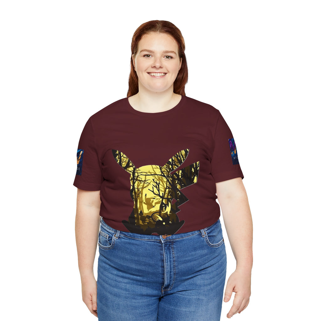 Person wearing a maroon t-shirt with a deer design on a white background