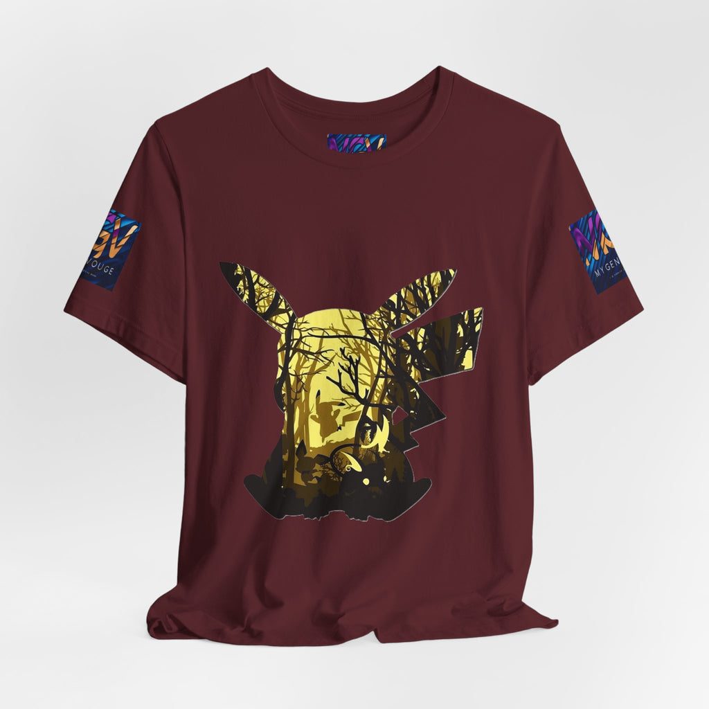 Maroon t-shirt with a graphic design on a white background