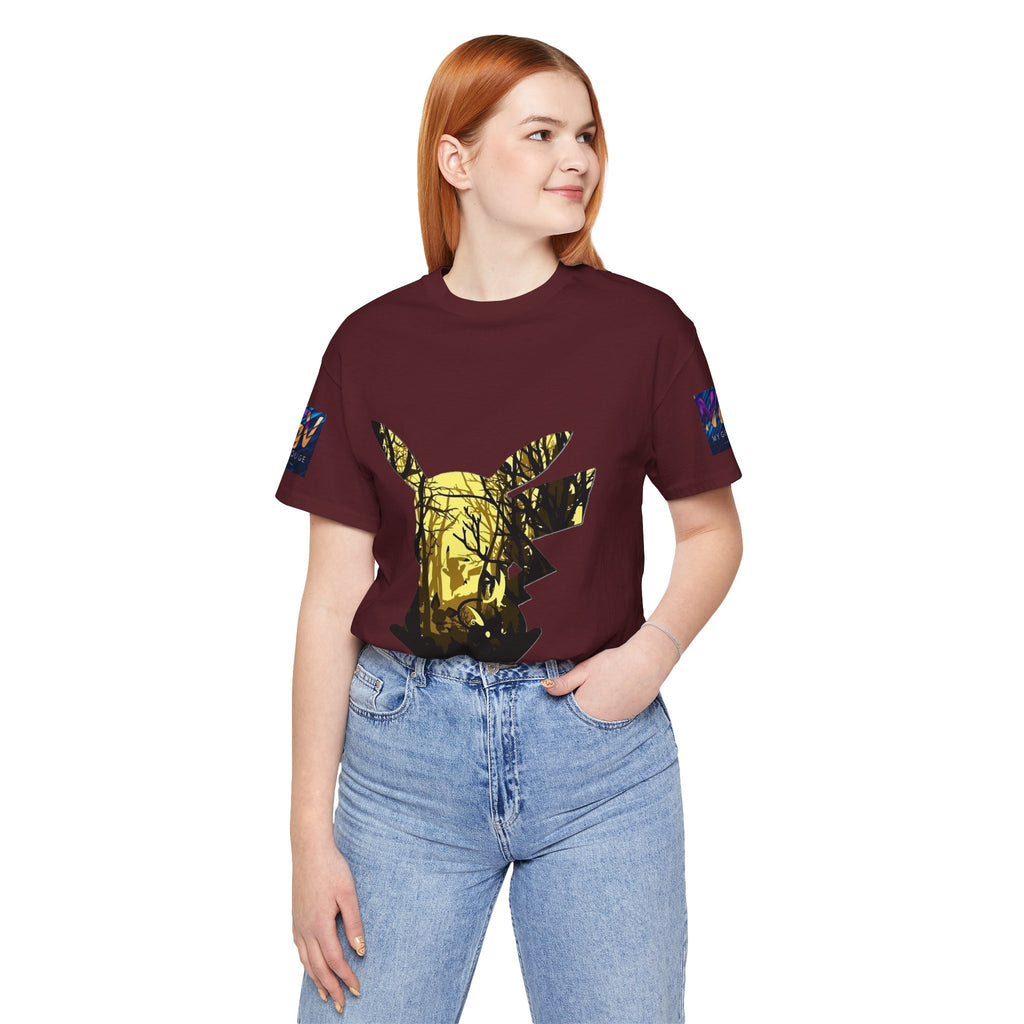 Person wearing a maroon t-shirt with a graphic design on a white background
