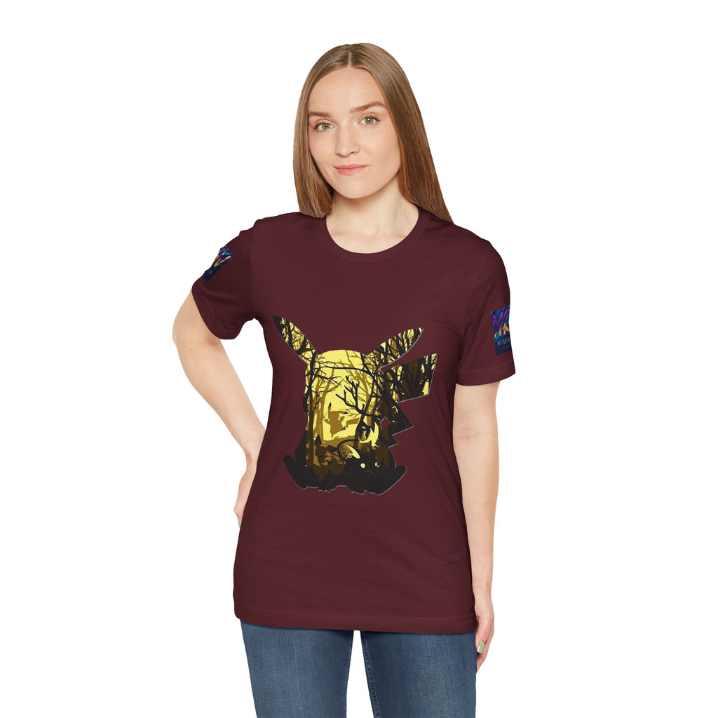 Woman wearing a maroon t-shirt with a graphic design on a white background