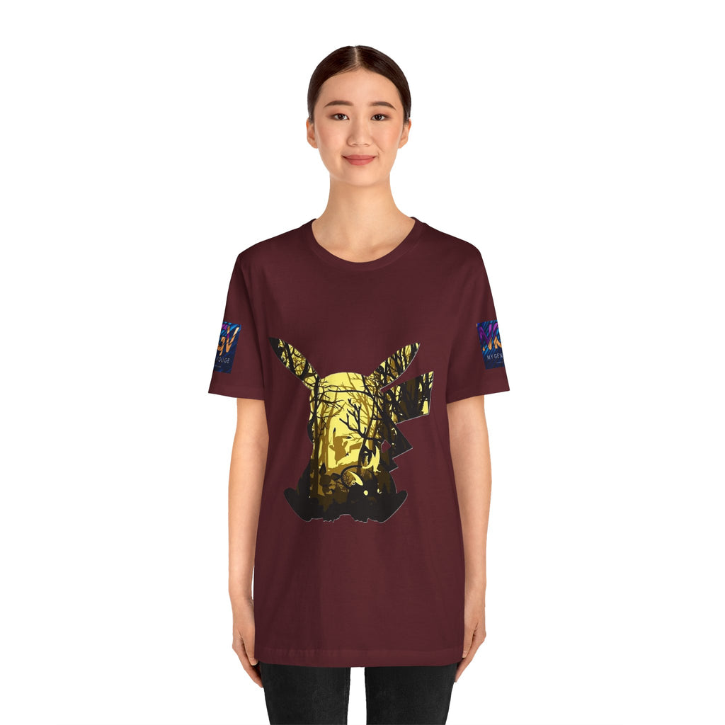 Person wearing a maroon t-shirt with a gold and black design on a white background