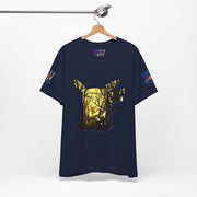 Navy blue t-shirt with gold graphic design on a hanger against a white background