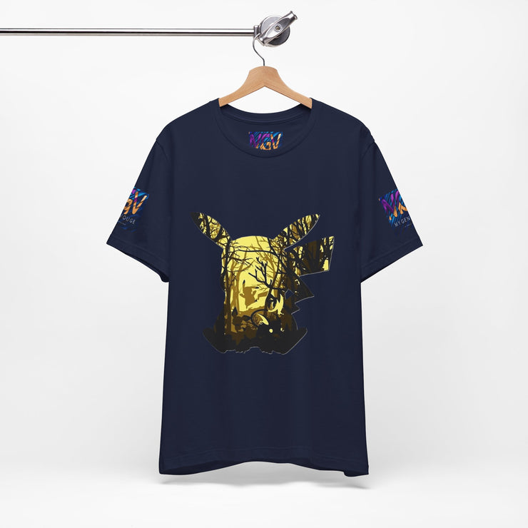 Navy blue t-shirt with gold graphic design on a hanger against a white background