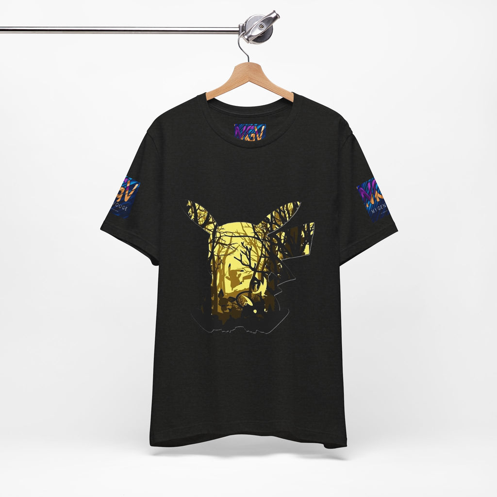 Black t-shirt with gold graphic design on a hanger against a white background
