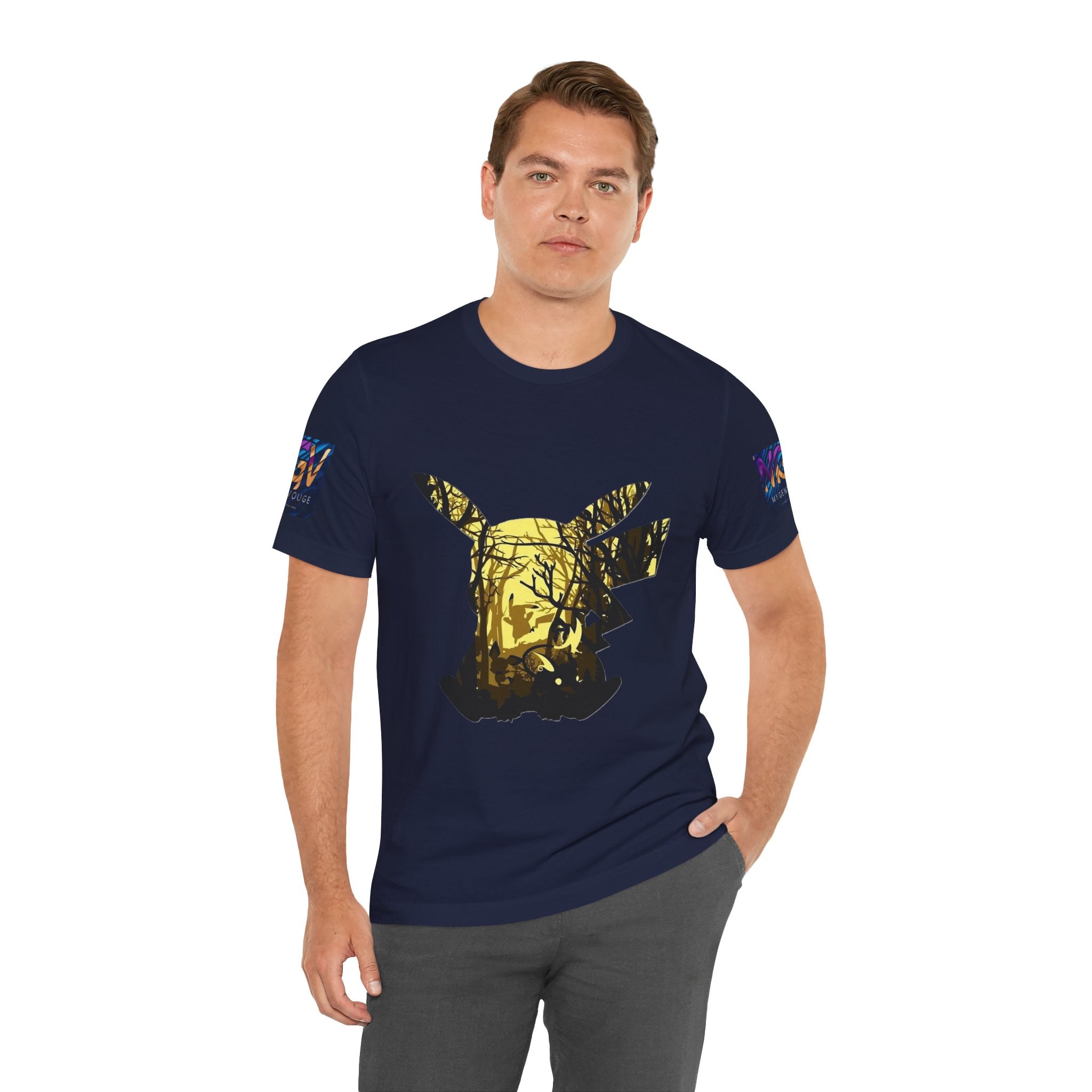 Man wearing a navy blue t-shirt with a gold graphic design on a white background
