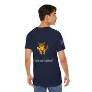 Person wearing a navy blue t-shirt with a graphic and text on the back, on a white background