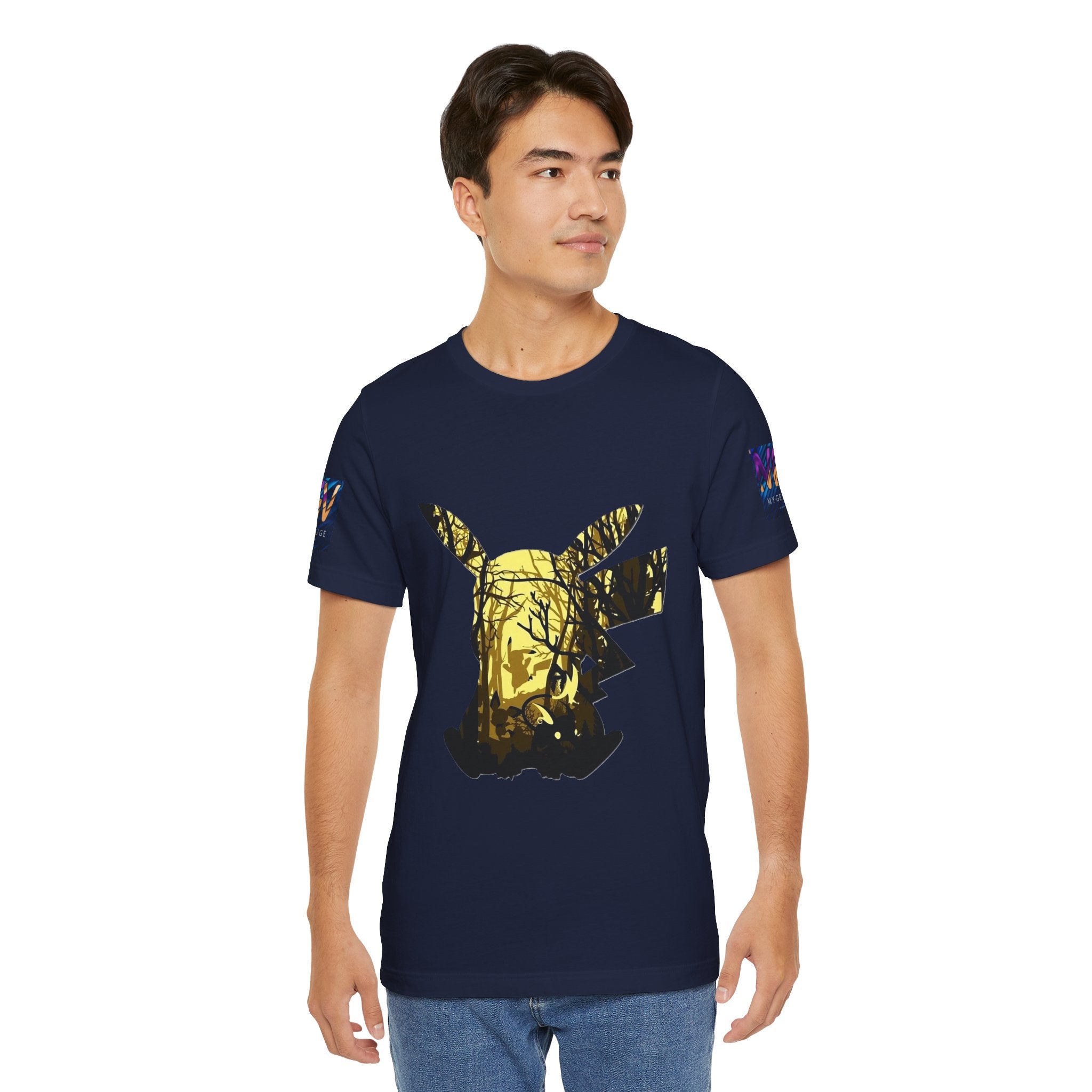 Man wearing a navy blue t-shirt with a graphic design on a white background