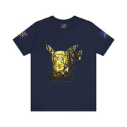 Navy blue t-shirt with gold graphic design on a white background