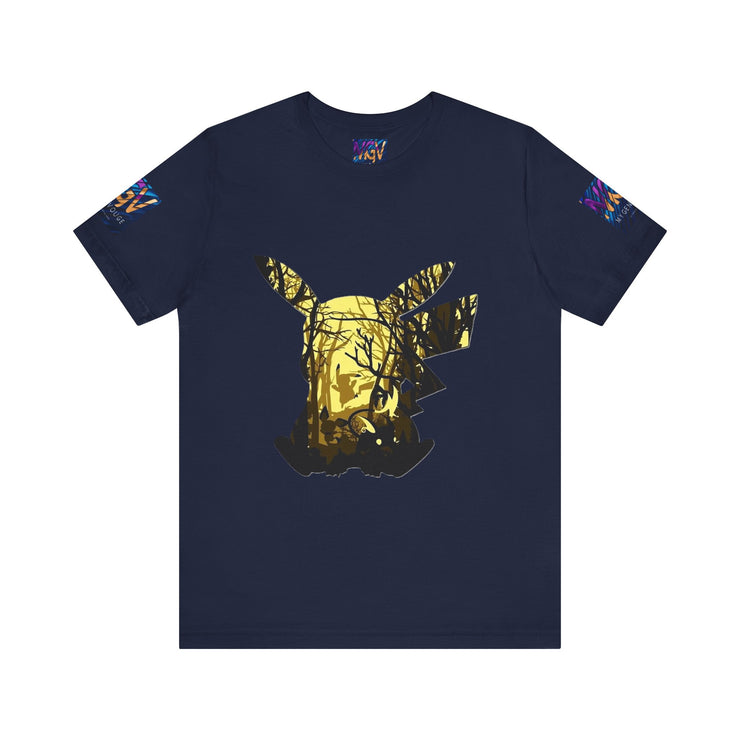 Navy blue t-shirt with gold graphic design on a white background