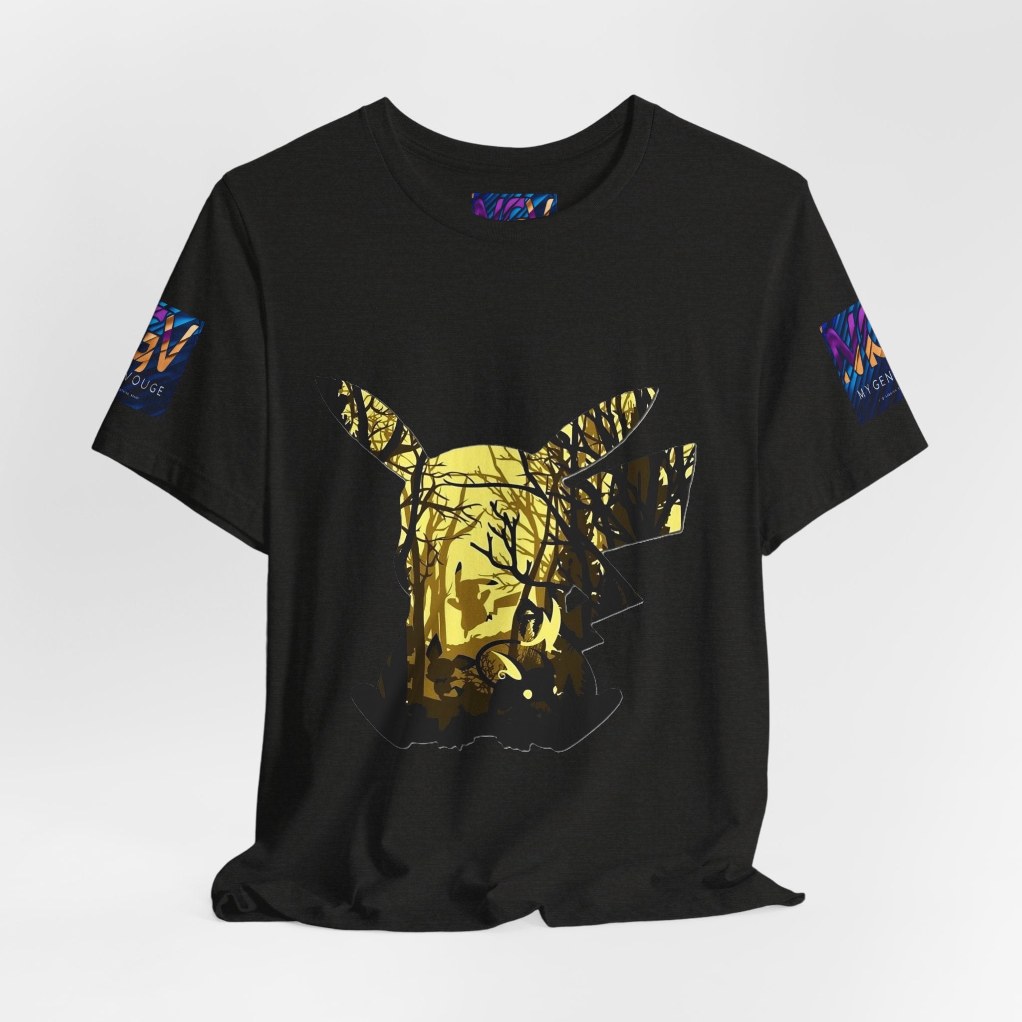 Black t-shirt with a deer in the forest graphic design on a white background