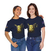Two people wearing navy blue t-shirts with a gold graphic design on a white background
