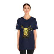 Person wearing a navy blue t-shirt with a gold and black graphic design on a white background