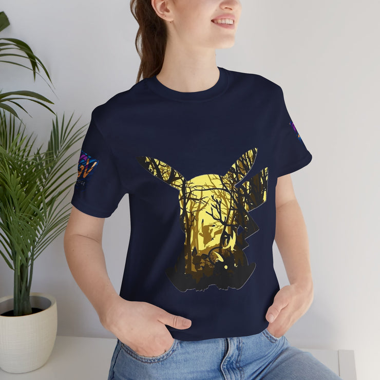 Person wearing a navy blue t-shirt with a gold deer design, standing indoors next to a plant.