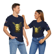 Two people wearing matching navy blue t-shirts with a gold graphic design on a white background