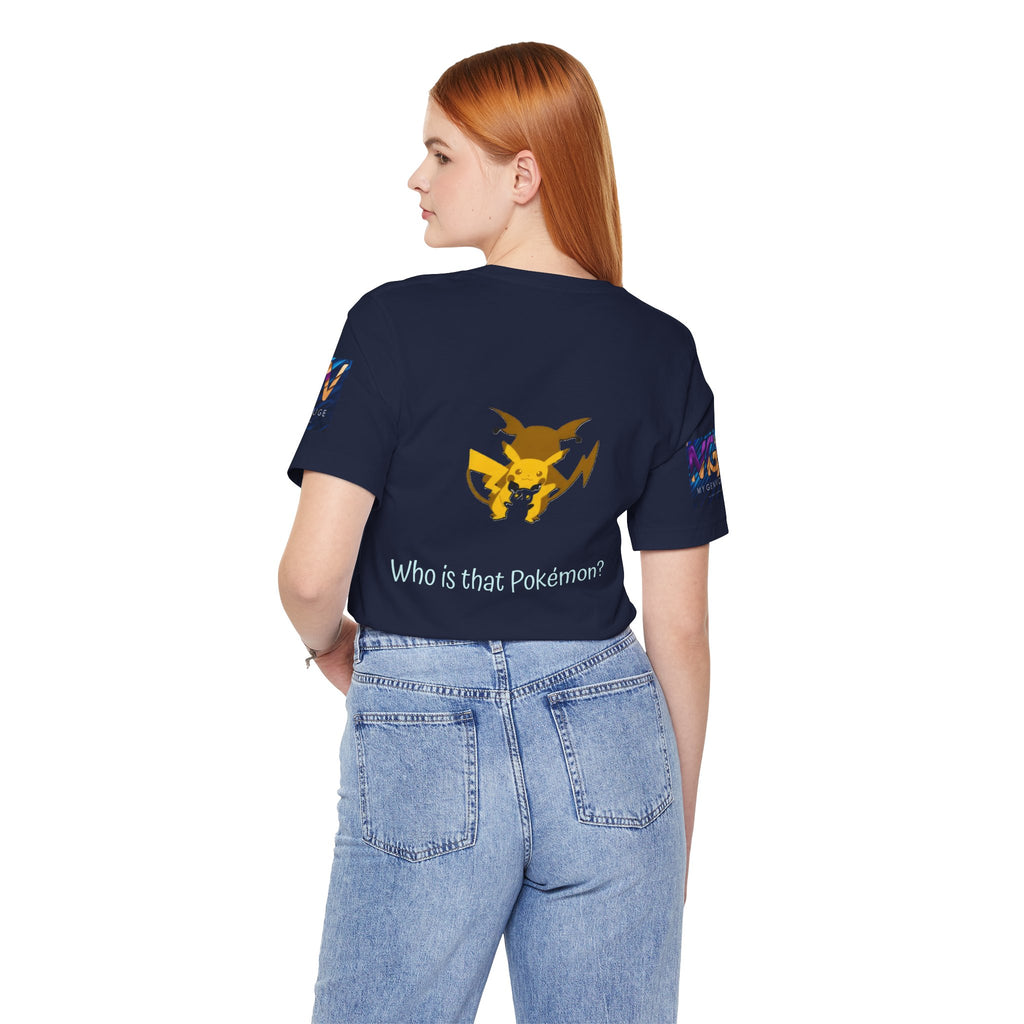 Person wearing a navy blue t-shirt with a logo and text on the back, standing against a white background