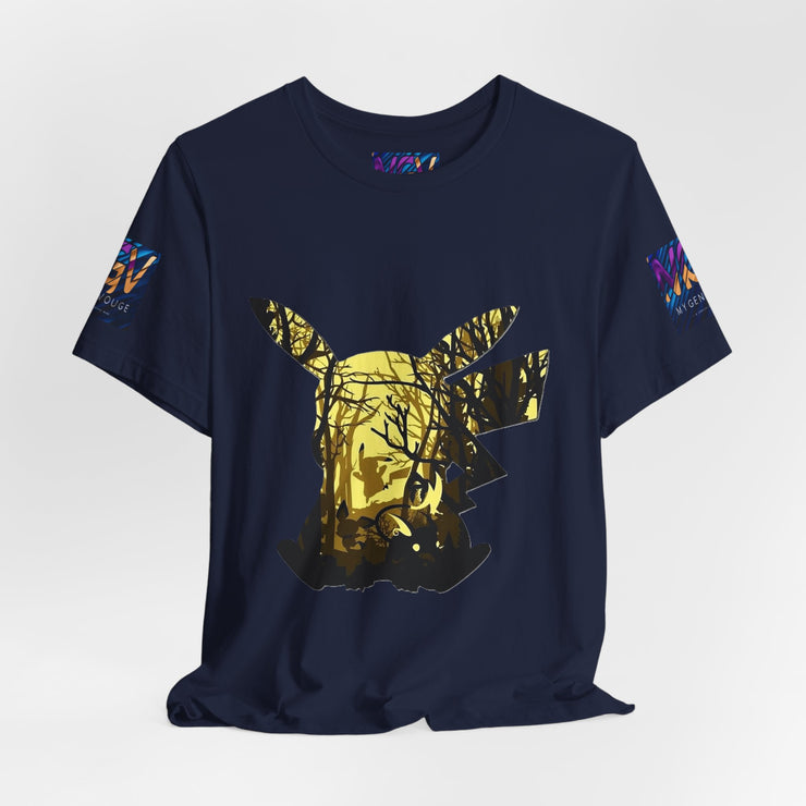 Navy blue t-shirt with a deer in a forest graphic on a white background