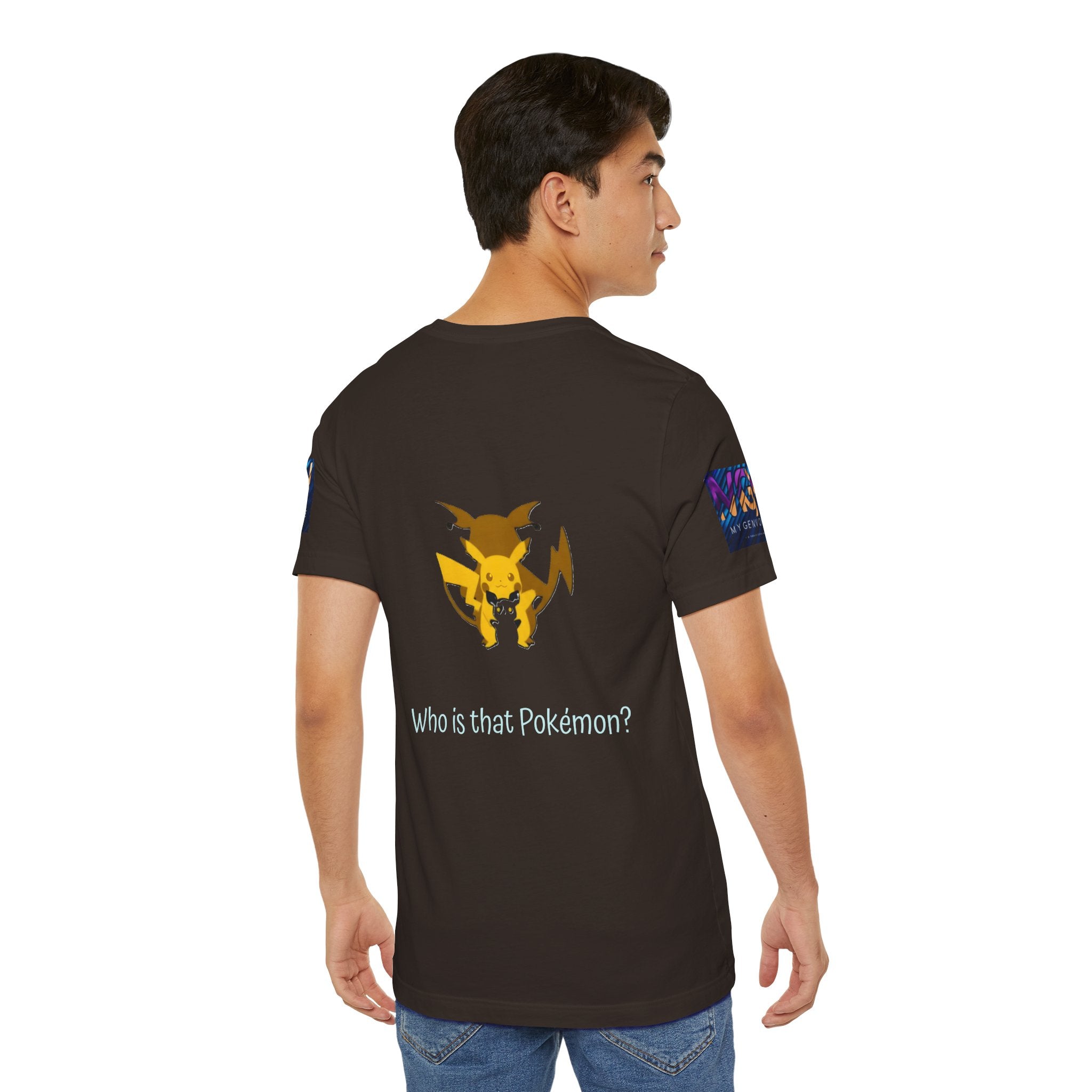 Person wearing a black t-shirt with a graphic of a Pokémon and text 'Who is that Pokémon?' on the back.